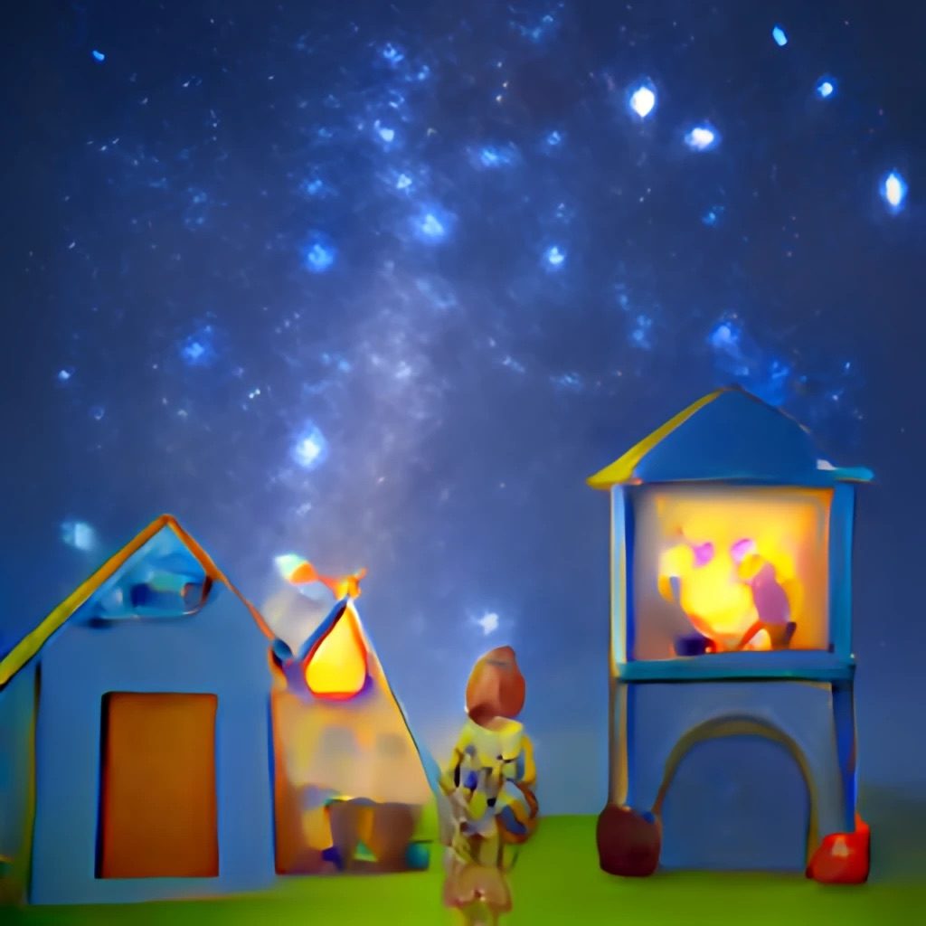 A dream-like kid's nursurey, with a milky way of stars shining on some tiny, kid-sized houses.