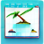 A calendar where the grid is ocean water, and some days are tropical islands with palm trees sticking out of a small hill of sand.