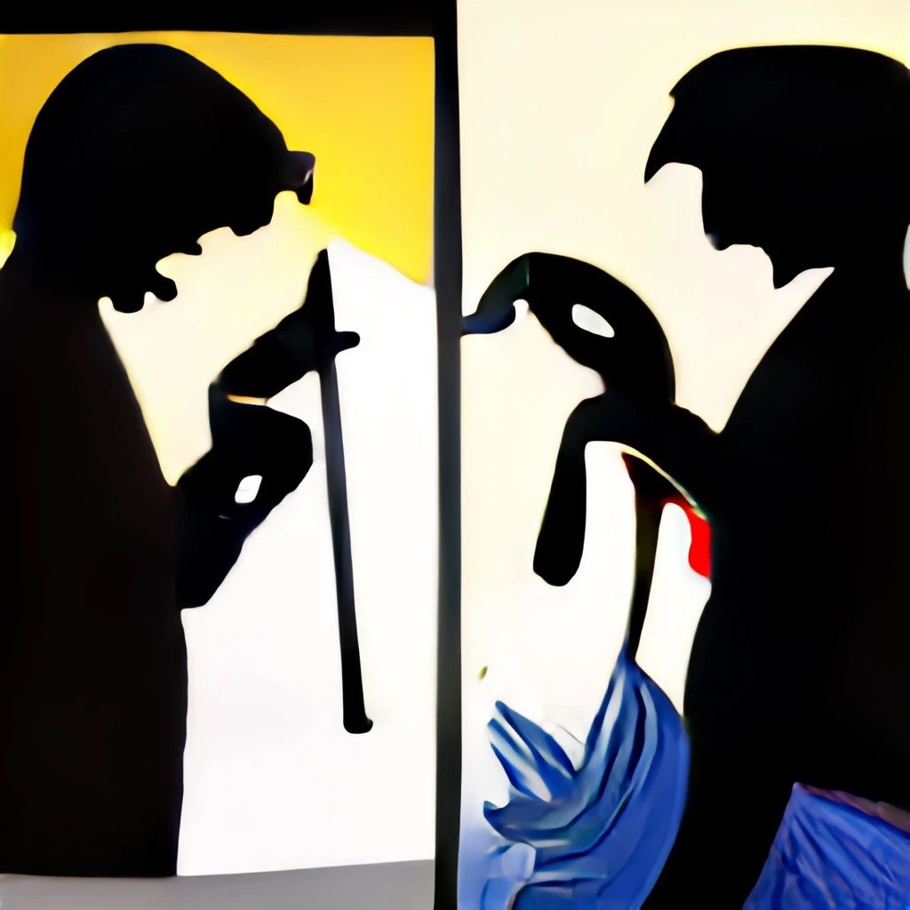 A highly stylized profile of two people, the one on the left holding something elongated like a cane or a comically large cigar, the one on the right holding something abstract and standing in front of what appears to be water.