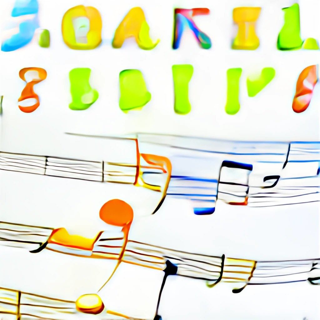 An abstract collection of colorful letters and music notes on a color music staff.