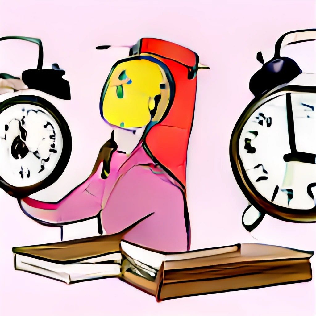 Abstract illustrated image of a woman sitting at a desk (or in front of a book, or both) holding a giant clock with another gigantic clock behind her. Her face also vaguely resembles the face of a clock.