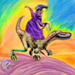 An abstract view of a wizard riding on a velociraptor.