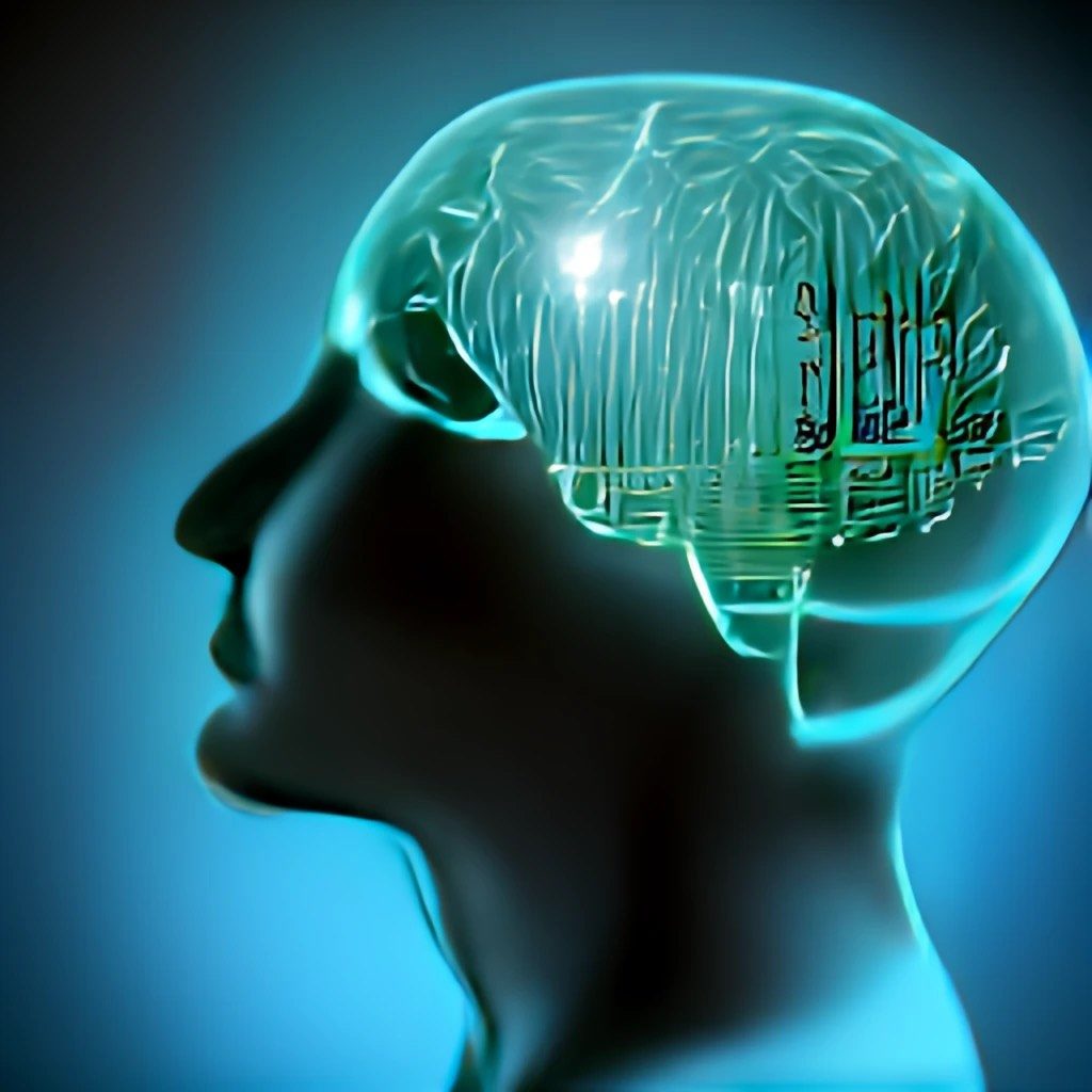 A photorealistic image of a human head in profile, showing the brain, and the brain is melded with a circuit board.