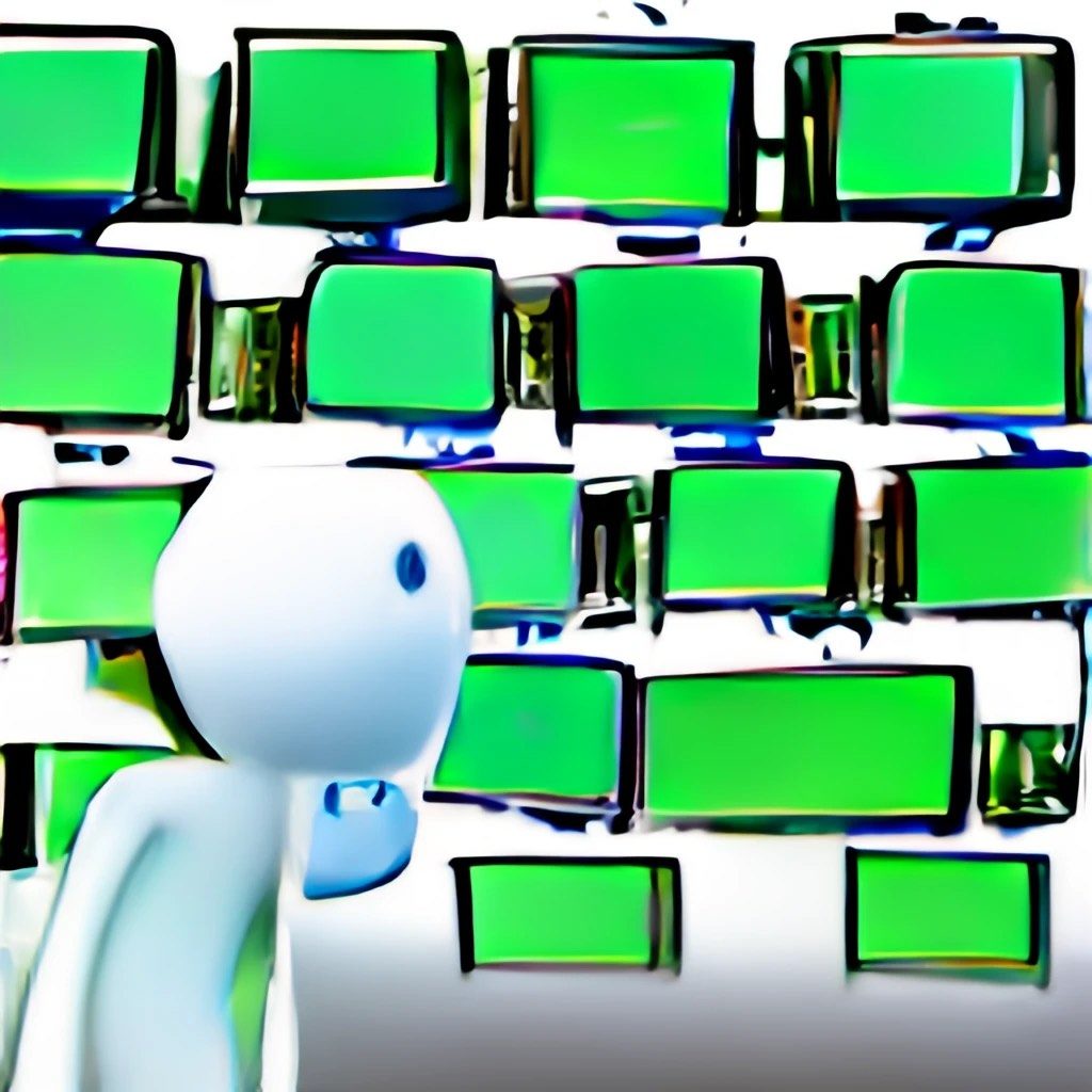 An abstract, plastic white humanoid looking concernedly at a wall of televisions looming over him.