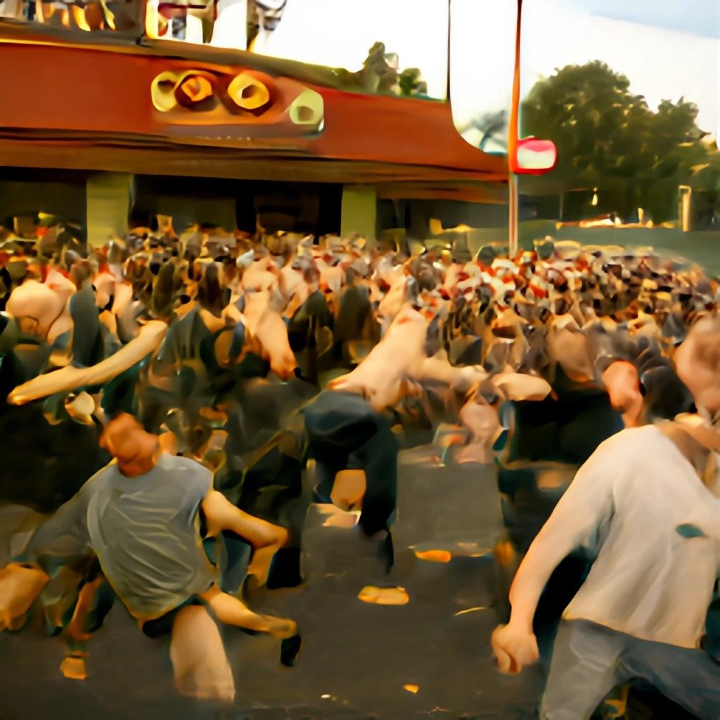 A mosh pit in a parking lot outside a build that is or once was a Pizza Hut.