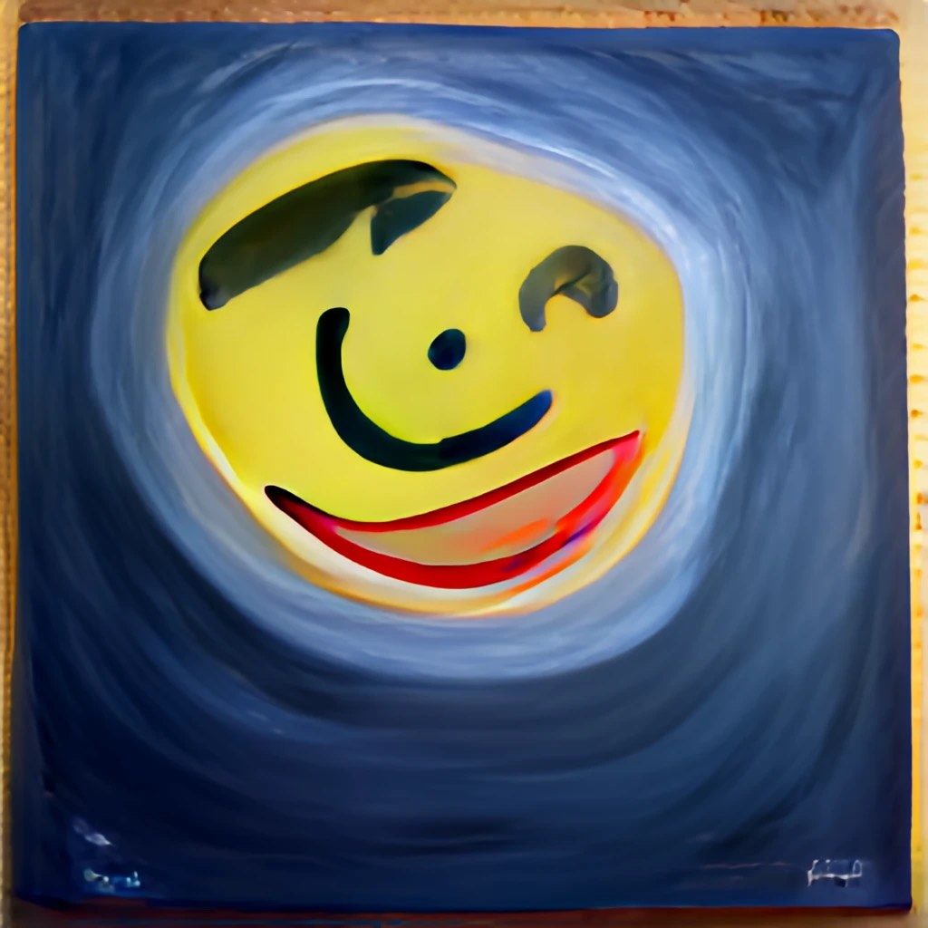 A painting of a yellow smiley face on a blue-ish background. The smiley face has some character.