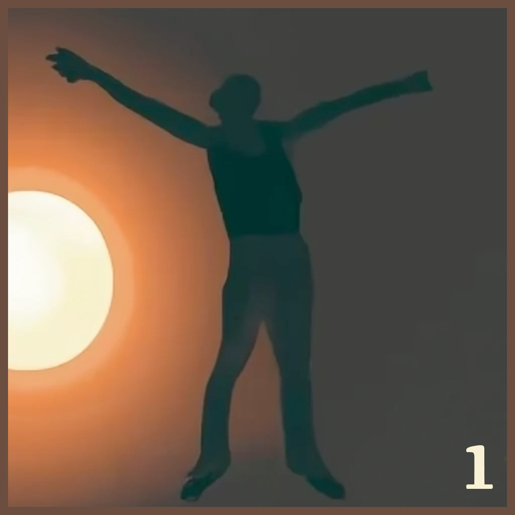 Artwork for the first song, with a silhouette of a person in a joyful pose in front of a rising sun.