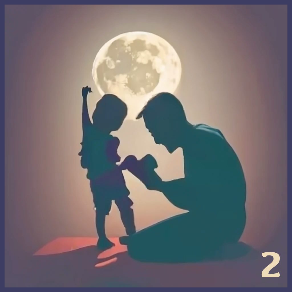 The silhouette of a father and daughter reading together, in front of a full moon.