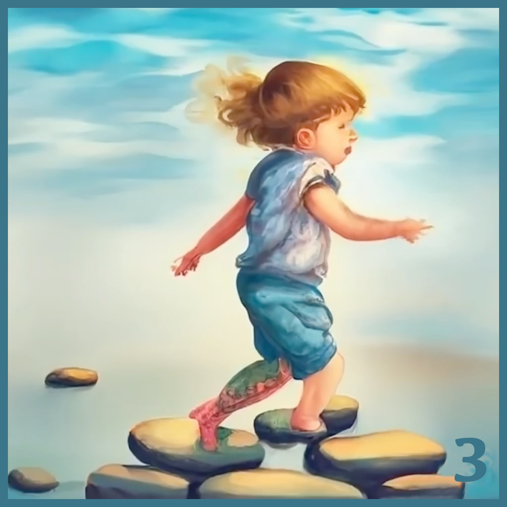 A painterly image of a child crossing a stream on stepping stones.