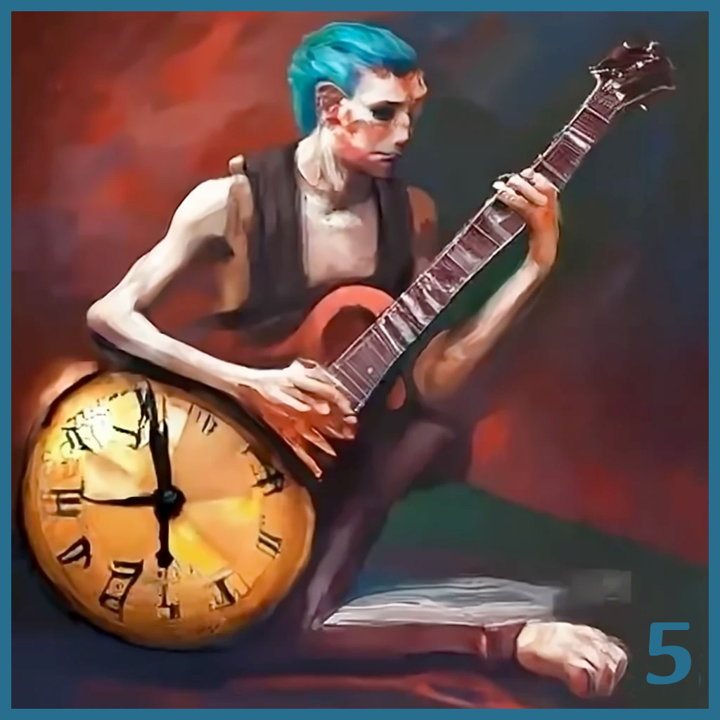 A punk sitting down and playing a guitar made from a clock face.