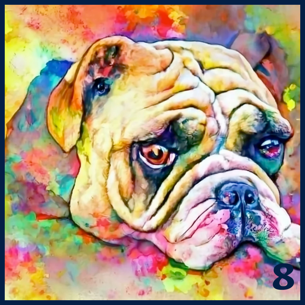 An impressionistic painting of a bulldog resting his face on some flowery ground in a patch of sunlight.