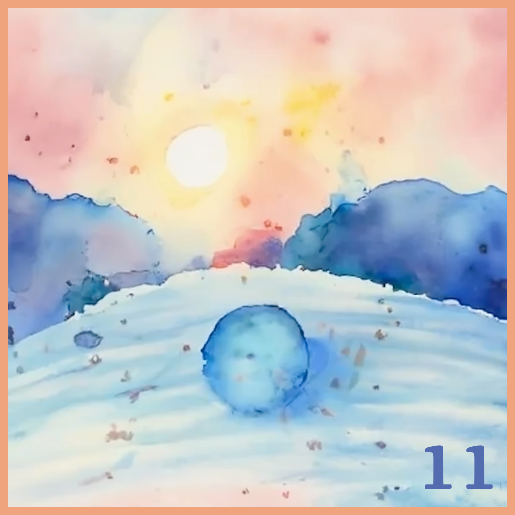 A watercolor style image of a snowball rolling down a wintery hill.