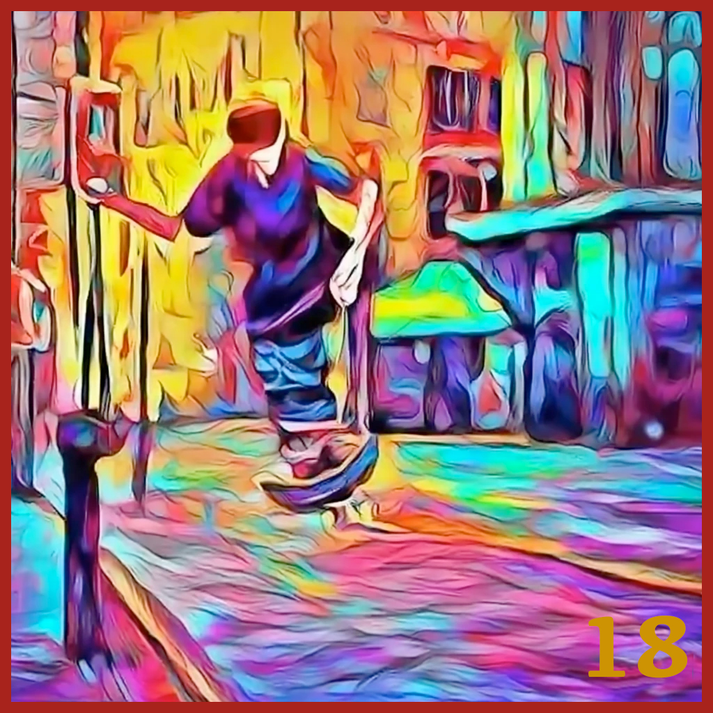 An impressionistic painting of a person skating down a city street.