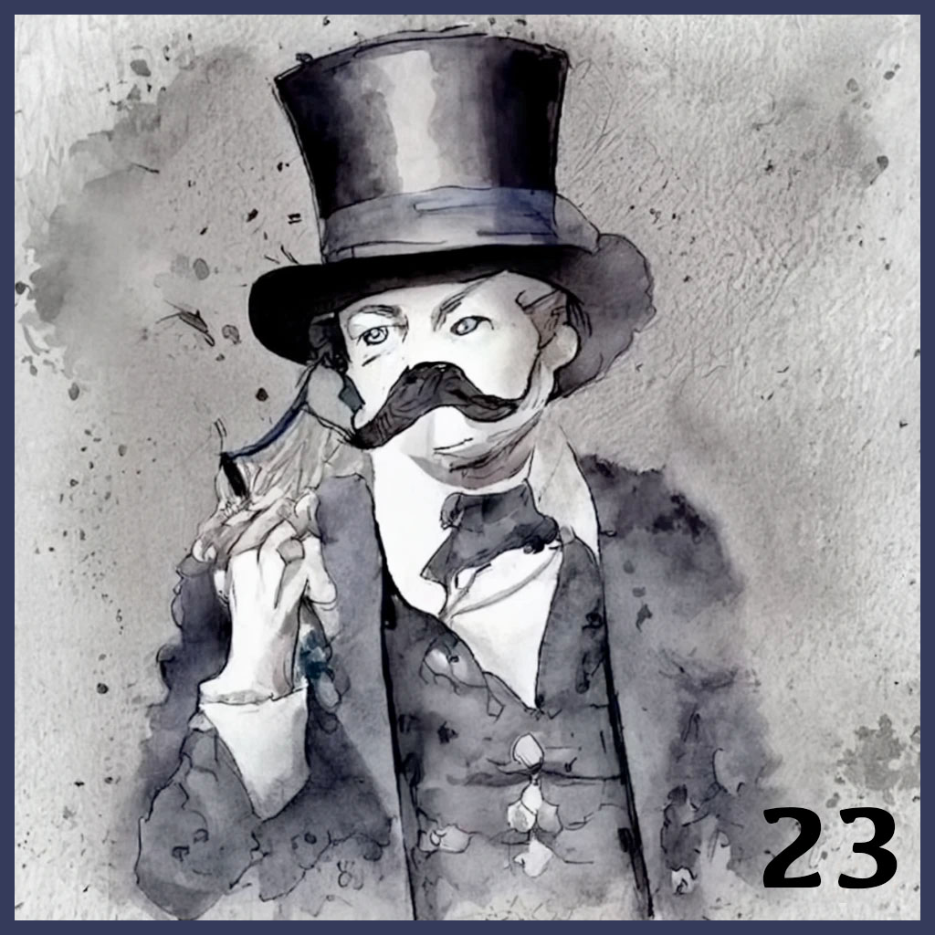 A melodrama villain in a tophat, twirling his moustache.