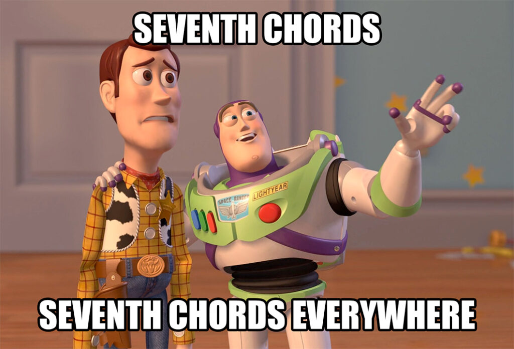 The "X,Y Everywhere" image meme from Toy Story, with Buzz Lightyear explaining to Woody: "Seventh chords... seventh chords everywhere"